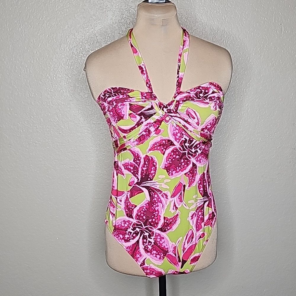 Garnet‎ Hill 12 Lillies Print Bandeau Halter One Piece Swim Suit pink